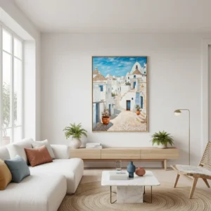 Санторини – бели кубета и сини покриви под лазурно небе, живописен гръцки градски пейзаж – стенен принт за стена