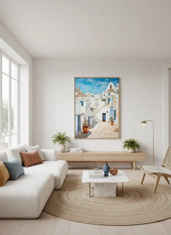 Санторини – бели кубета и сини покриви под лазурно небе, живописен гръцки градски пейзаж – стенен принт за стена