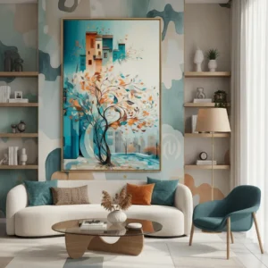 Абстрактно дърво с есенни листа на фона на цветни градски сгради в синьо-оранжева гама – абстрактен градски принт за стена