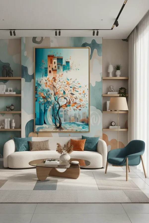 Абстрактно дърво с есенни листа на фона на цветни градски сгради в синьо-оранжева гама – абстрактен градски принт за стена