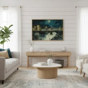 Нощен град с мост над река под луна – импрессионистичен тъмносин принт за стена с лодки и светлини