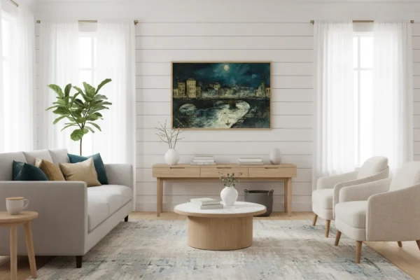 Нощен град с мост над река под луна – импрессионистичен тъмносин принт за стена с лодки и светлини