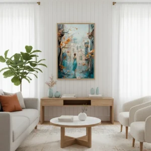 Есенна градска сцена с цветни градски сгради в синьо-оранжева гама – абстрактен градски принт за стена