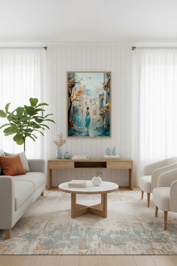 Есенна градска сцена с цветни градски сгради в синьо-оранжева гама – абстрактен градски принт за стена