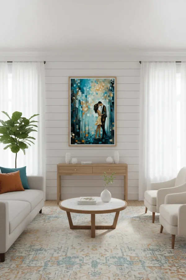 Романтична двойка в прегръдка под абстрактни светлини в синьо-оранжева гама – импресионистичен любовен принт за стена