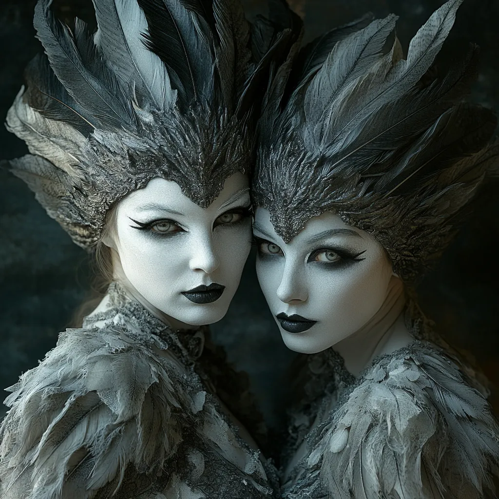 Две готически жени близнаци с бледи лица, черни пера и тъмни тоалети, елегантен мрачен фентъзи портрет