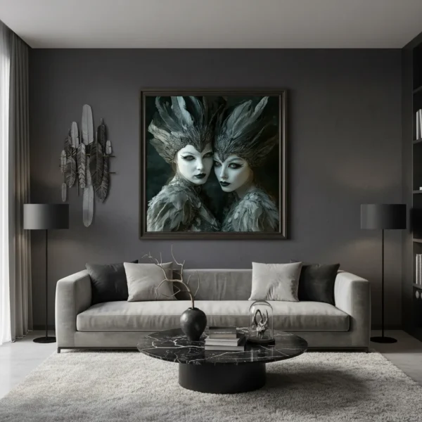 Две готически жени близнаци с бледи лица, черни пера и тъмни тоалети, елегантен мрачен фентъзи портрет