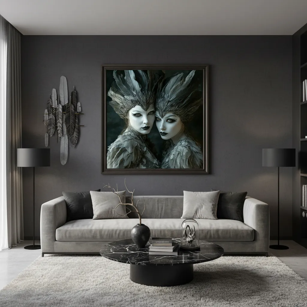 Две готически жени близнаци с бледи лица, черни пера и тъмни тоалети, елегантен мрачен фентъзи портрет