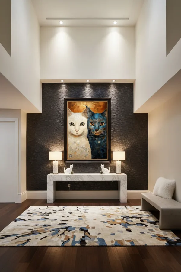 Две котки – бяла и синя в мозаечен стил с топли и студени тонове – арт портрет принт за стена