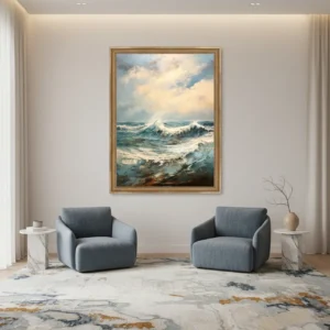 Бурно море с мощни вълни в синьо и бяло – импрессионистичен морски принт за стена
