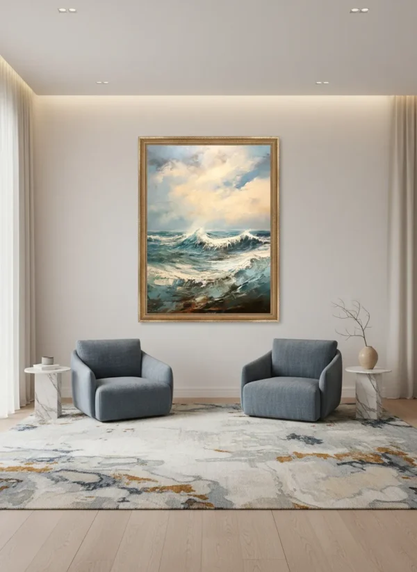 Бурно море с мощни вълни в синьо и бяло – импрессионистичен морски принт за стена