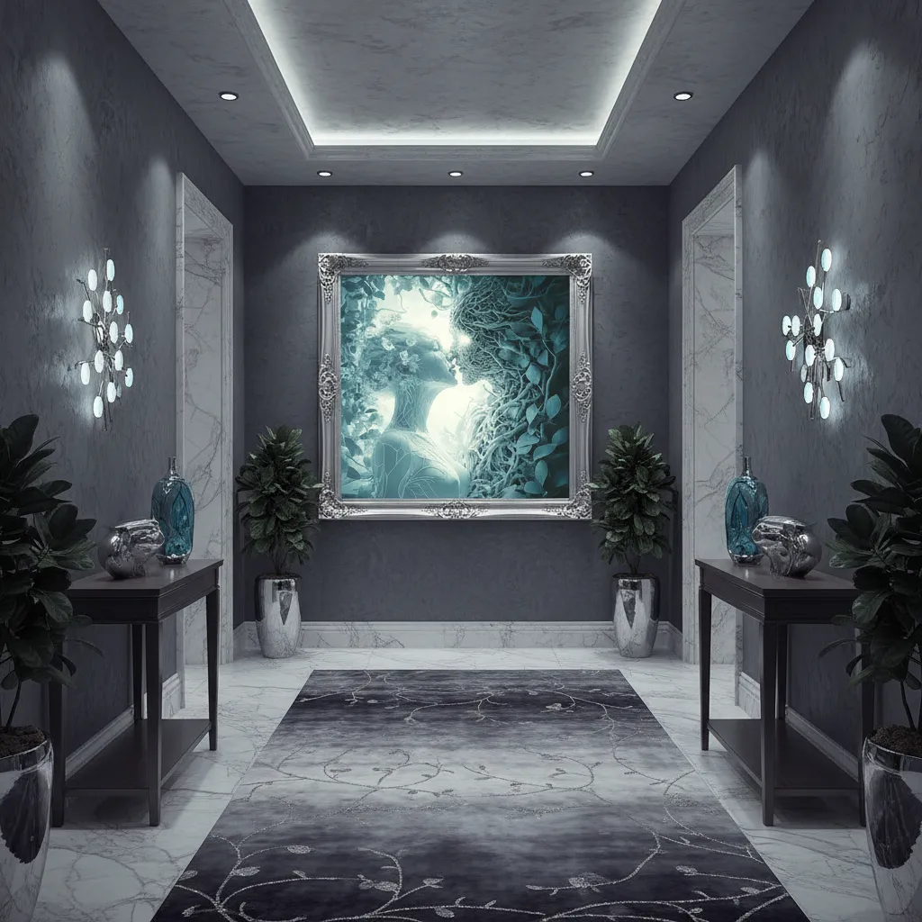 Сюрреалистичен портрет на две фигури в целувка – едната е нежна жена с цветя в косата, другата е изваяна от корени и клони на дърво, обгърнати в сини листа и мъгла, романтичен и мистичен фюжън между човек и природа