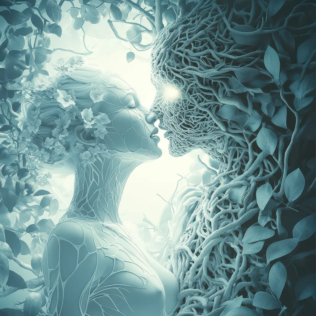 Сюрреалистичен портрет на две фигури в целувка – едната е нежна жена с цветя в косата, другата е изваяна от корени и клони на дърво, обгърнати в сини листа и мъгла, романтичен и мистичен фюжън между човек и природа