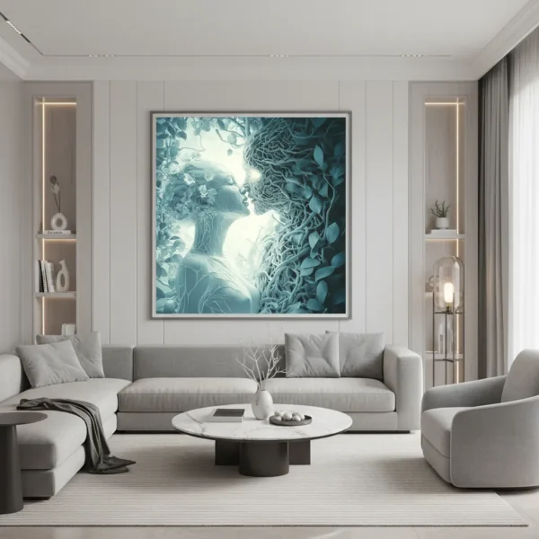 Сюрреалистичен портрет на две фигури в целувка – едната е нежна жена с цветя в косата, другата е изваяна от корени и клони на дърво, обгърнати в сини листа и мъгла, романтичен и мистичен фюжън между човек и природа