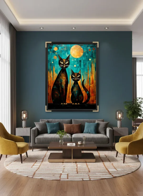 Романтична двойка в прегръдка под абстрактни светлини в синьо-оранжева гама – импресионистичен любовен принт за стена