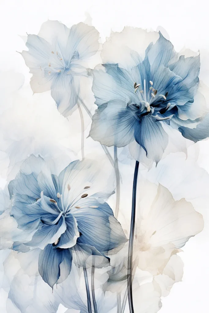 Етерични сини цветя в акварелен стил с нежни листенца и тъмни стъбла – мечтателен флорален принт за стена