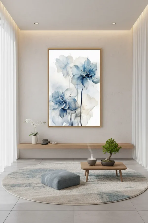 Етерични сини цветя в акварелен стил с нежни листенца и тъмни стъбла – мечтателен флорален принт за стена