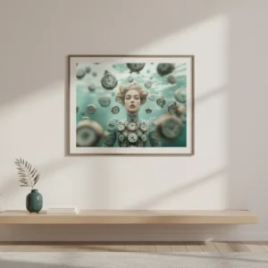 Боговете на времето. Жена в steampunk стил, обградена от летящи антикварни джобни часовници, сюрреалистична сцена за времето и мечтите