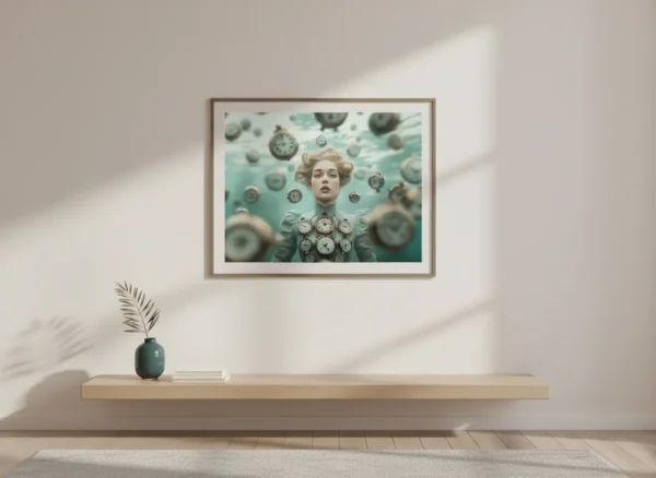 Боговете на времето. Жена в steampunk стил, обградена от летящи антикварни джобни часовници, сюрреалистична сцена за времето и мечтите