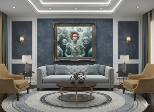 Жена в steampunk стил, обградена от летящи антикварни джобни часовници, сюрреалистична сцена за времето и мечтите