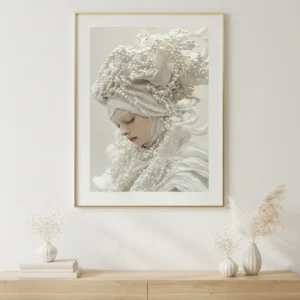 Етерична жена с пищна перлена прическа и воал от перли, сюрреалистичен бял скулптурен портрет, мечтателна и елегантна атмосфера