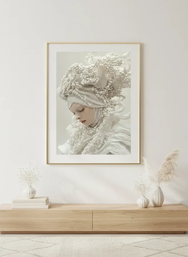 Етерична жена с пищна перлена прическа и воал от перли, сюрреалистичен бял скулптурен портрет, мечтателна и елегантна атмосфера