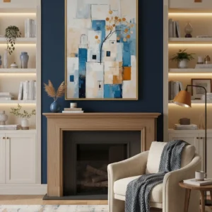 Абстрактни бели и сини къщи с дърво и оранжеви топки – модерен градски арт принт за стена