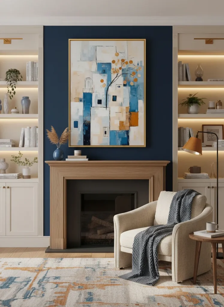 Абстрактни бели и сини къщи с дърво и оранжеви топки – модерен градски арт принт за стена