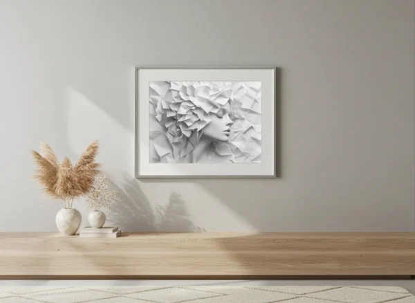 Минималистичен бял портрет на жена с абстрактна коса от сгъната геометрична хартия, 3D скулптурна визия