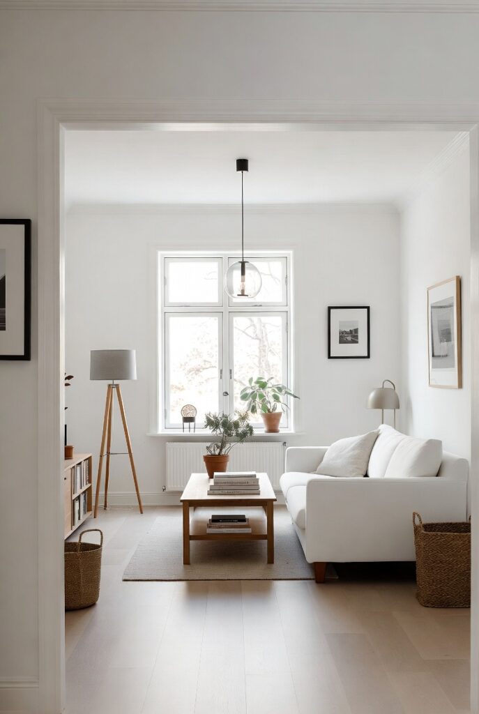 скандинавски интериор на всекидневна с бели стени, нисък диван и растения, модерен минималистичен стил 2026