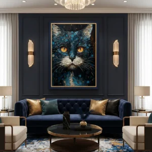 Интензивен портрет на котка с оранжеви очи в текстурен синьо-оранжев стил – детайлен котешки арт принт за стена