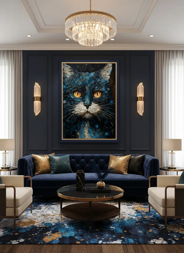 Интензивен портрет на котка с оранжеви очи в текстурен синьо-оранжев стил – детайлен котешки арт принт за стена