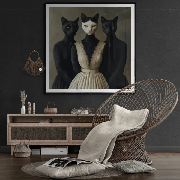 Три черни котки с човешки тела в черни викториански рокли, сюрреалистичен антропоморфен портрет в класически стил