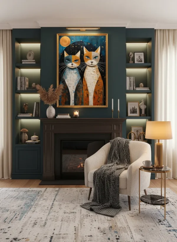 Две котки под мозаечна луна и звезди в тюркоазено-оранжева гама – артистичен котешки принт за стена