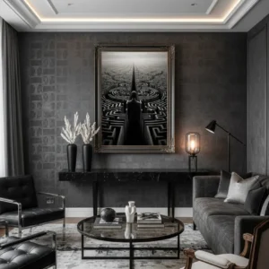 Силует на човек пред безкраен лабиринт под сиво небе – сюрреалистичен принт за стена за размисъл и мистерия