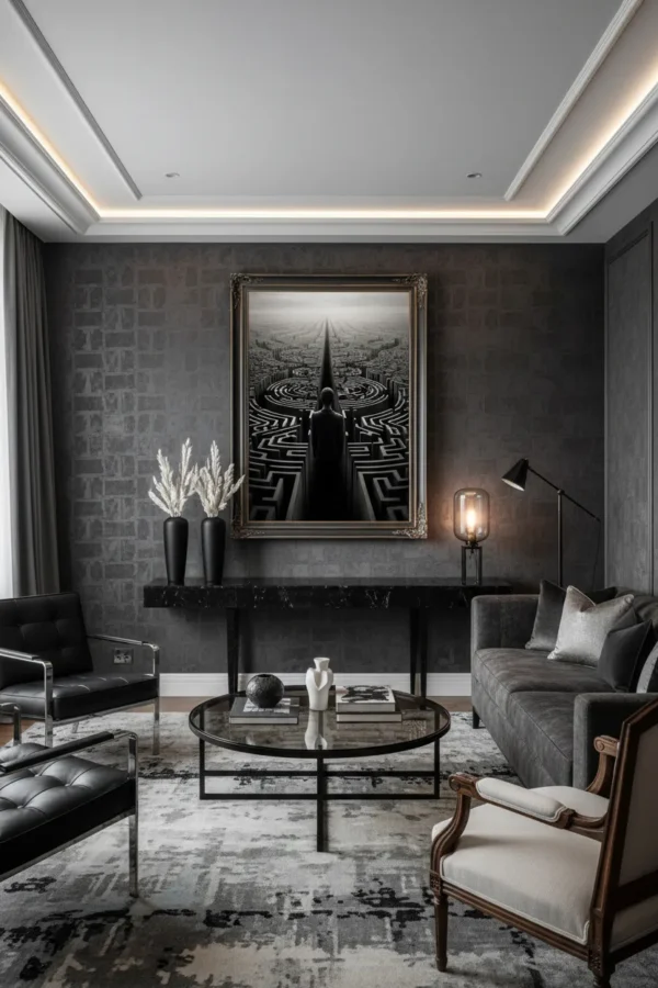 Силует на човек пред безкраен лабиринт под сиво небе – сюрреалистичен принт за стена за размисъл и мистерия