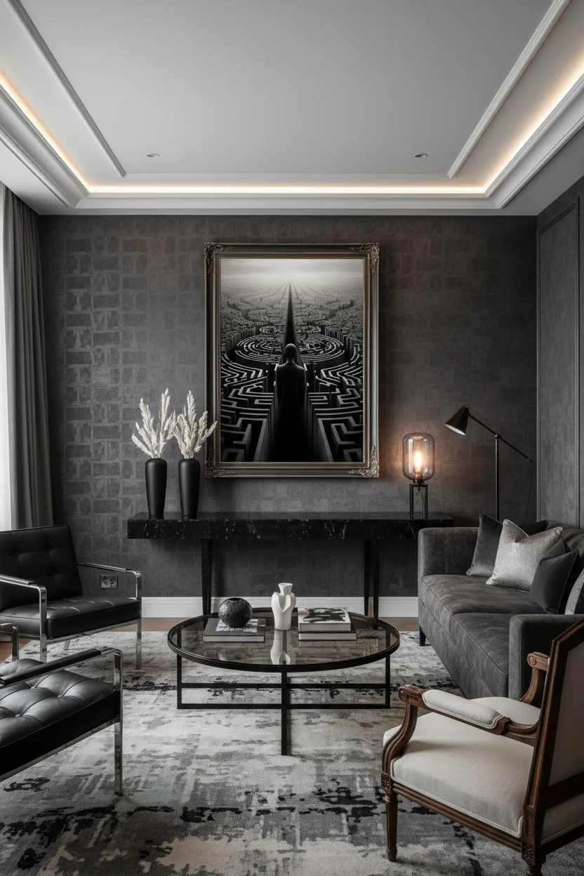 Силует на човек пред безкраен лабиринт под сиво небе – сюрреалистичен принт за стена за размисъл и мистерия