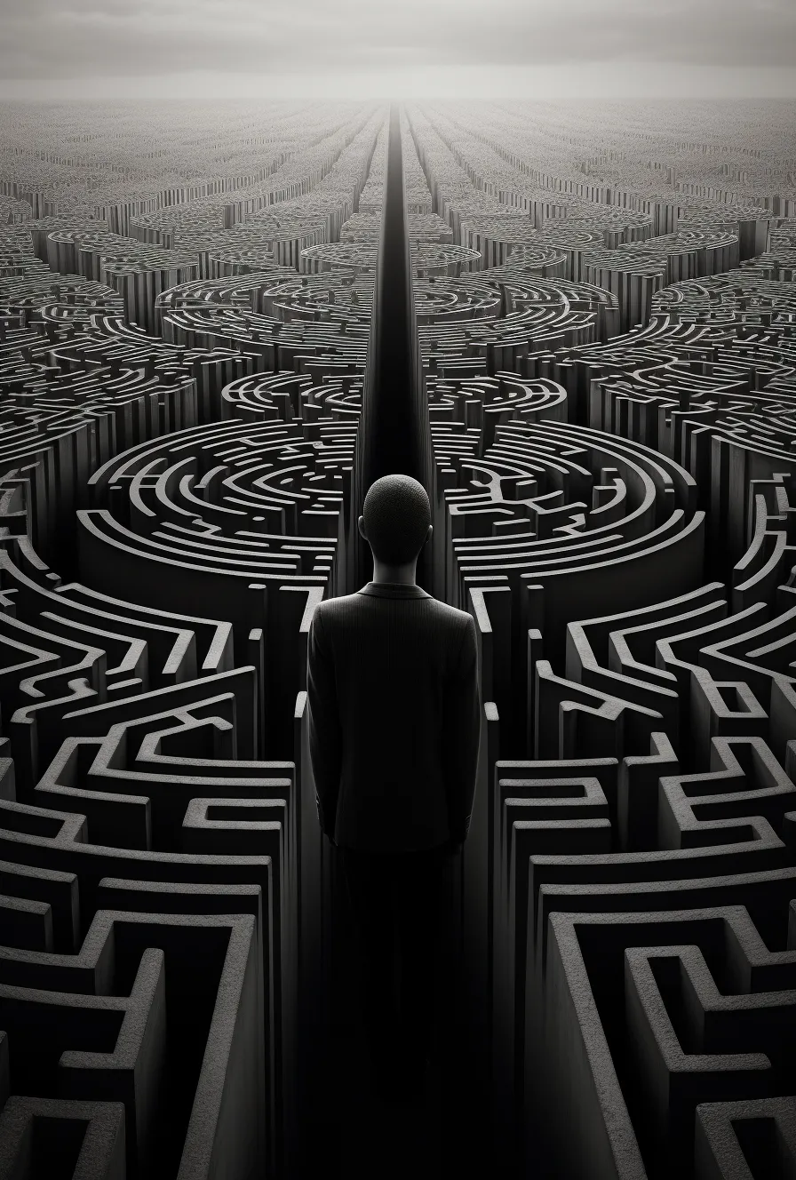Силует на човек пред безкраен лабиринт под сиво небе – сюрреалистичен принт за стена за размисъл и мистерия