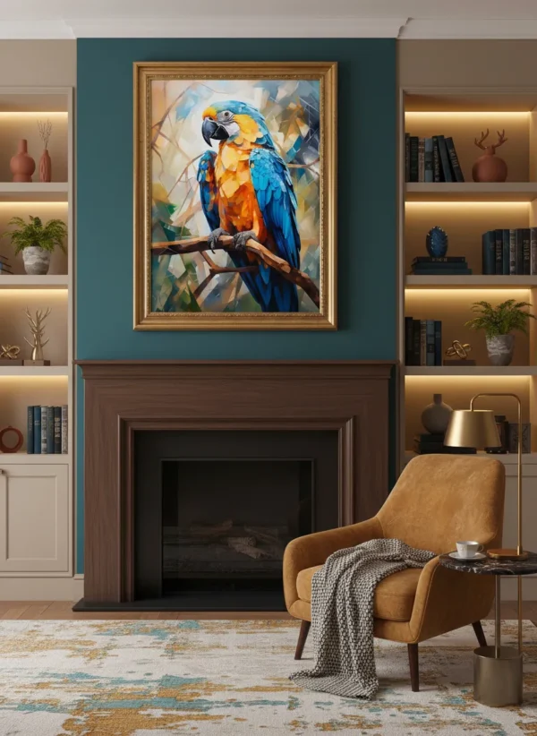 Цветен папагал ара в мозаечен стил на клон – ярък тропически арт принт за стена