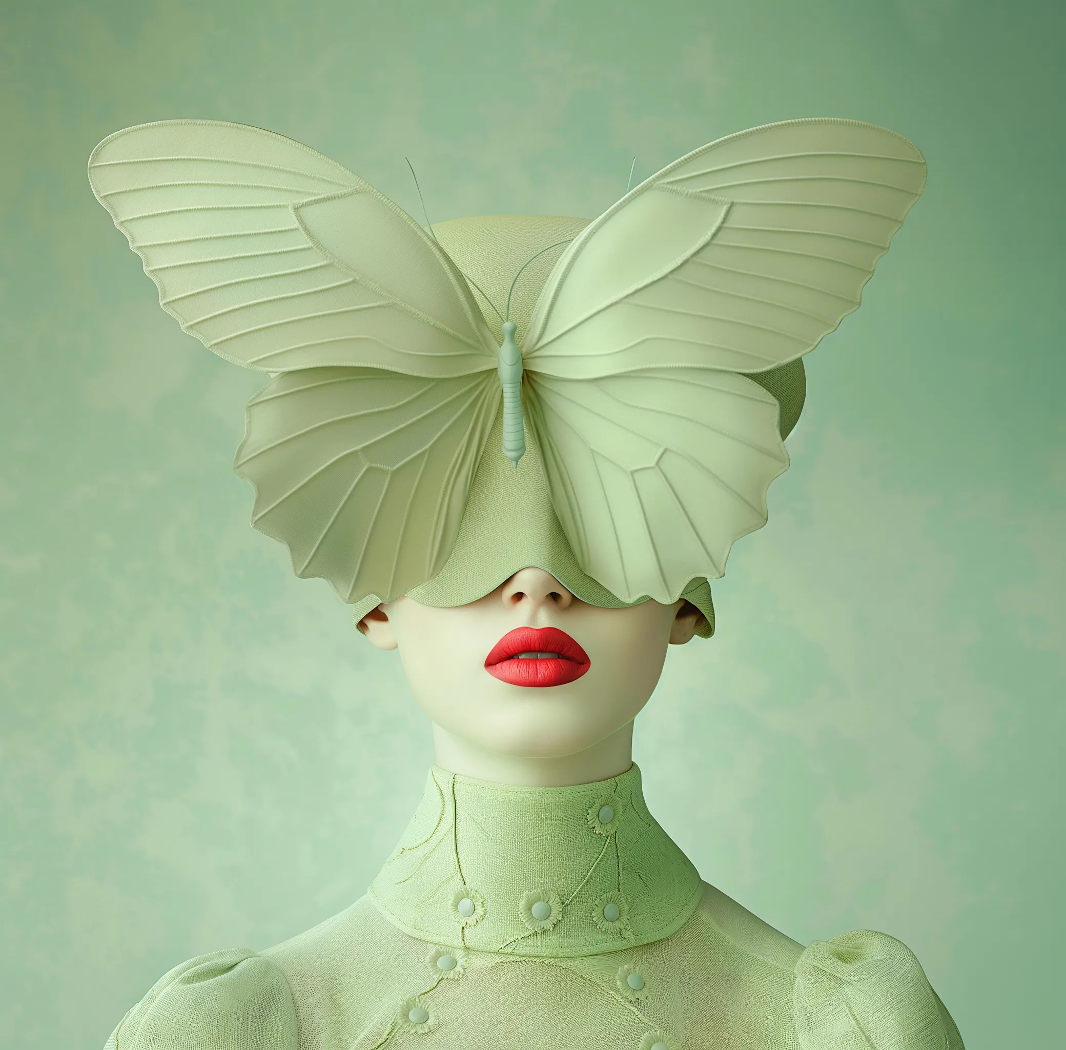 Сюрреалистична жена с огромна светлозелена пеперуда вместо шапка, която покрива очите ѝ, ярко червени устни, мека зелена рокля, висша мода и скулптурен арт портрет