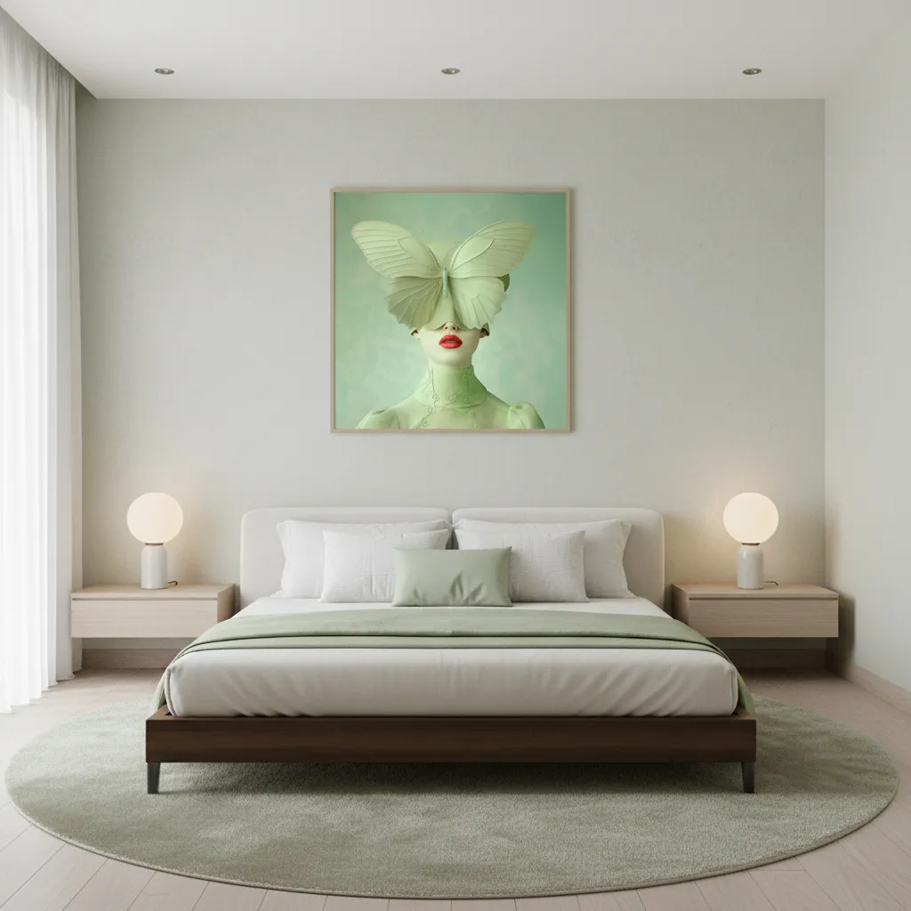 Сюрреалистична жена с огромна светлозелена пеперуда вместо шапка, която покрива очите ѝ, ярко червени устни, мека зелена рокля, висша мода и скулптурен арт портрет