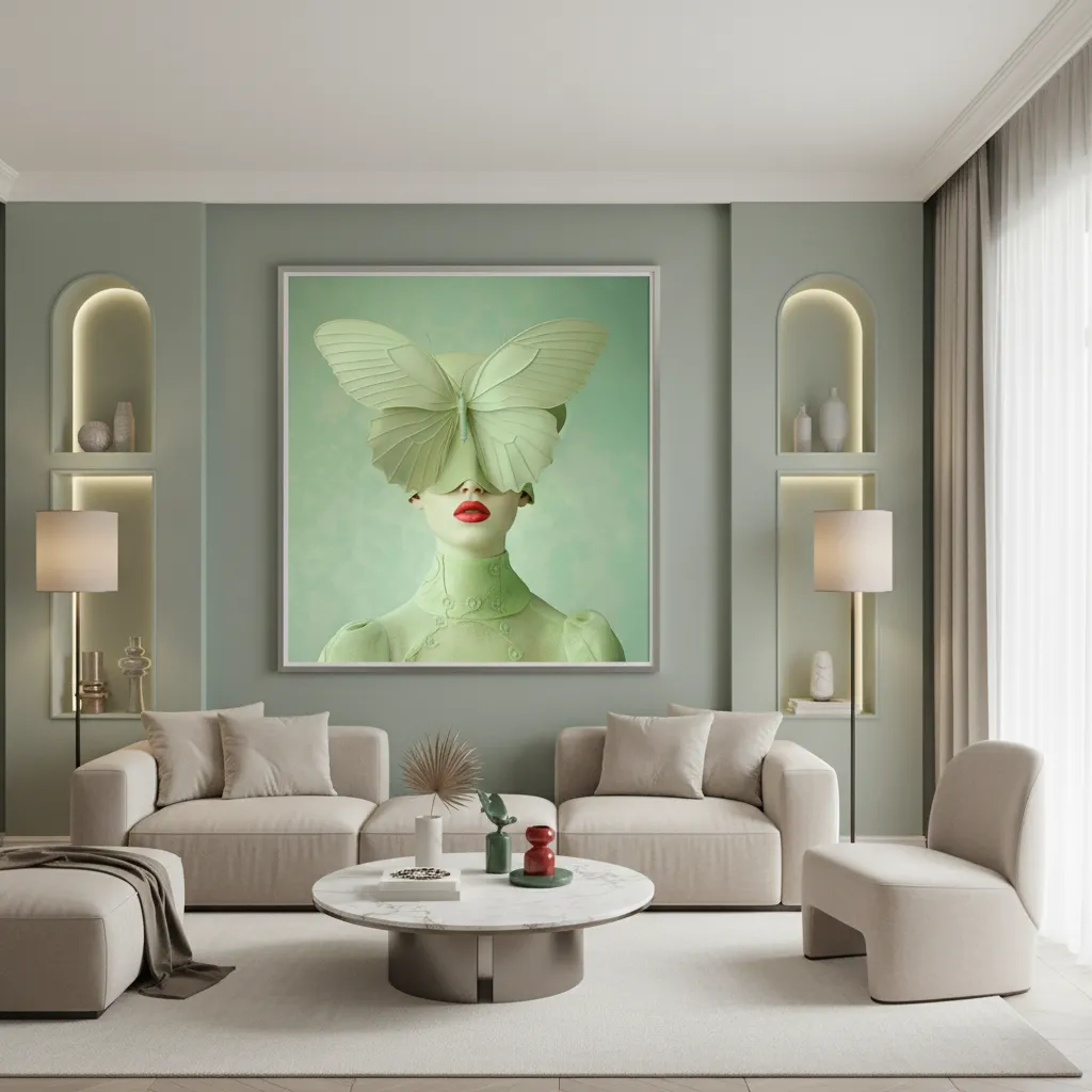 Сюрреалистична жена с огромна светлозелена пеперуда вместо шапка, която покрива очите ѝ, ярко червени устни, мека зелена рокля, висша мода и скулптурен арт портрет