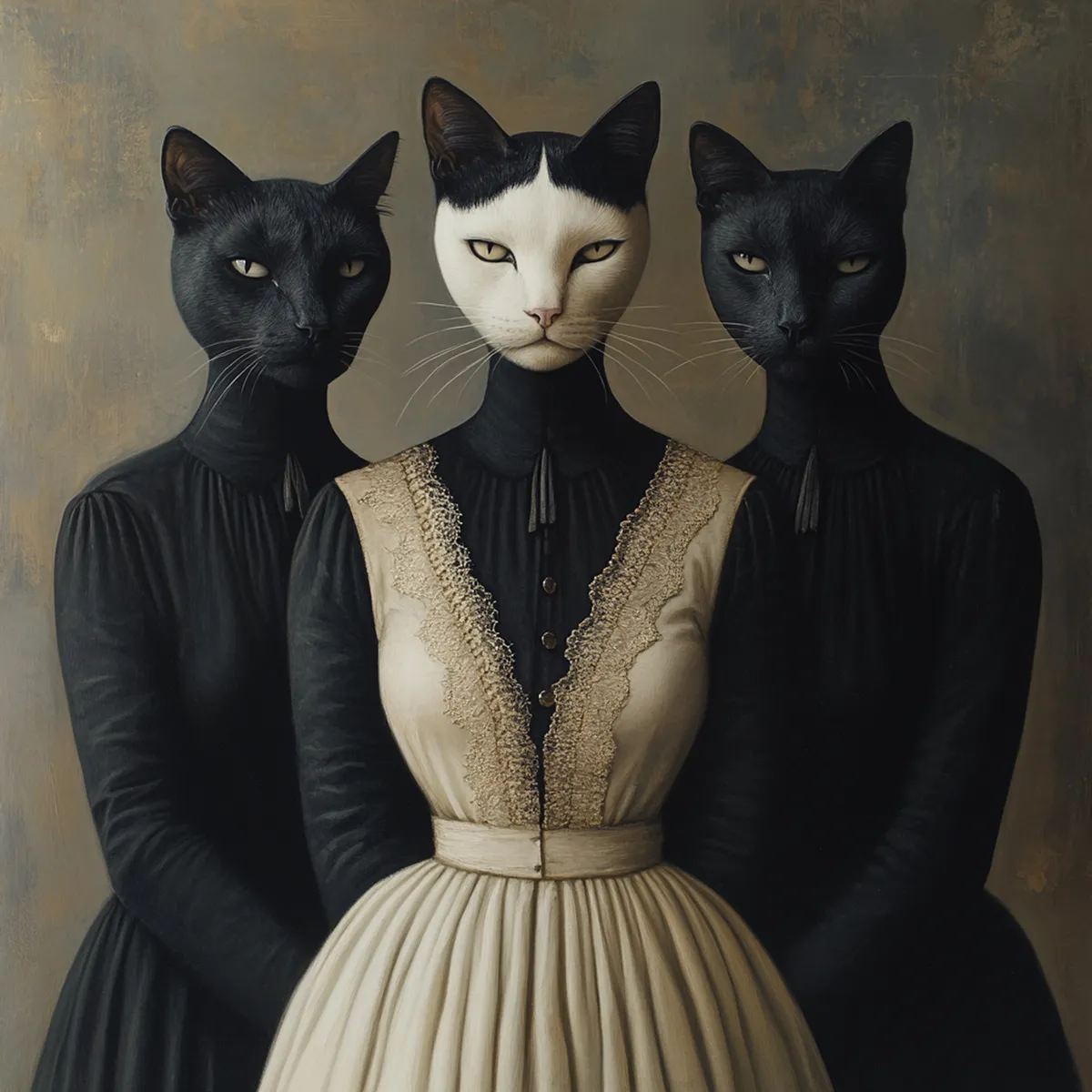 Три черни котки с човешки тела в черни викториански рокли, сюрреалистичен антропоморфен портрет в класически стил