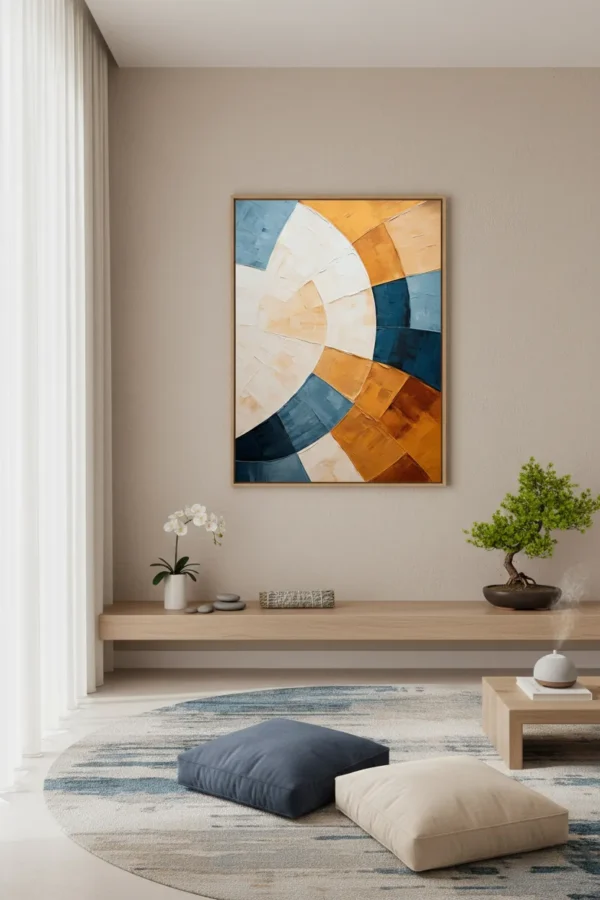 Абстрактна кръгла композиция с текстурни мазки в синьо, оранжево и бежово – модерен абстрактен принт за стена