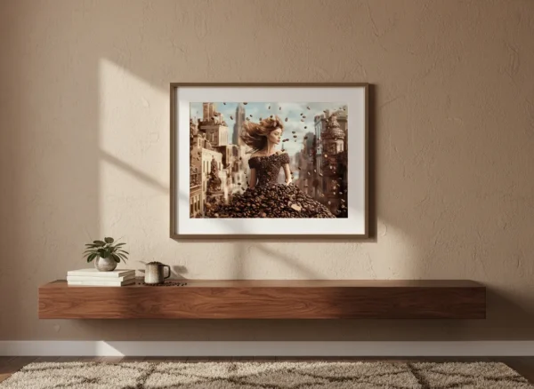 Елегантна жена в рокля от кафеени зърна, летящи зърна около нея, сюрреалистична кафе мода сцена