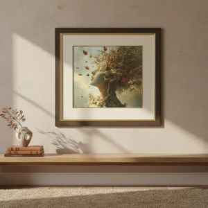 Жена с глава от корени и клони на дърво, падащи есенни листа, фентъзи природа портрет