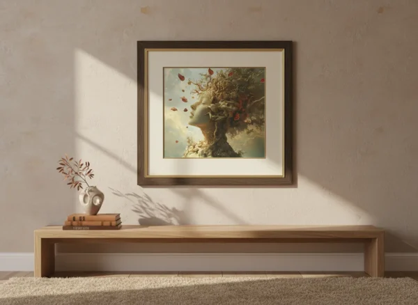 Жена с глава от корени и клони на дърво, падащи есенни листа, фентъзи природа портрет