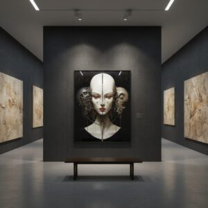 Полу-човек, полу-машина жена с открити шевове и механизми, steampunk киборг портрет в тъмна гама