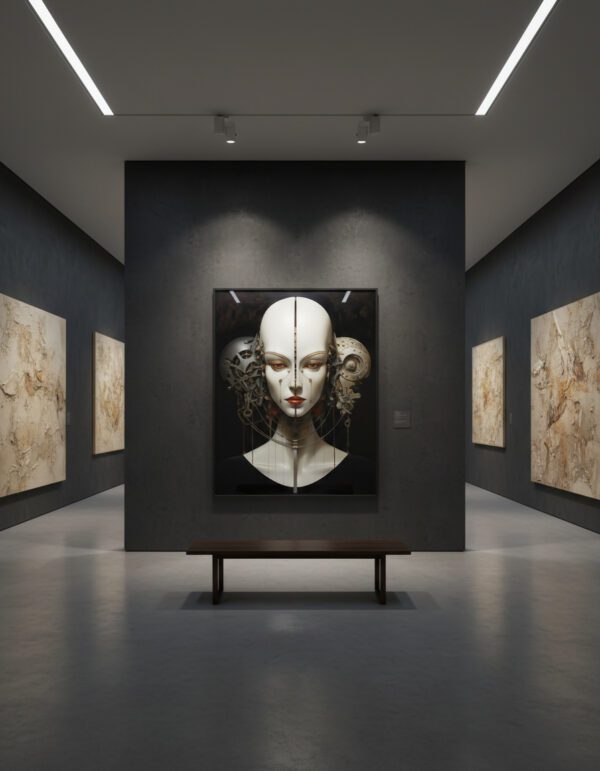 Полу-човек, полу-машина жена с открити шевове и механизми, steampunk киборг портрет в тъмна гама