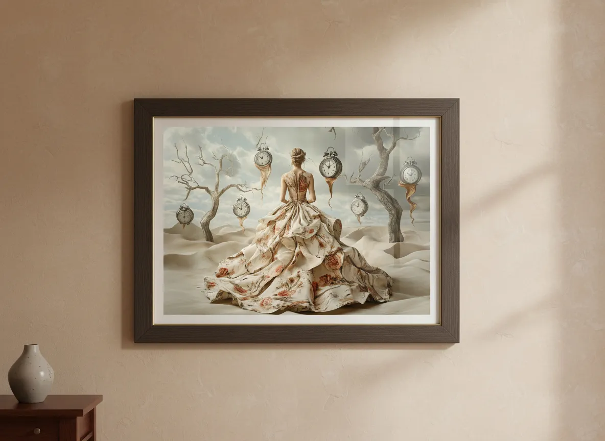 Сюрреалистична жена с гръб в розова рокля, заобиколена от топящи се часовници сред мъртви дървета в пустиня